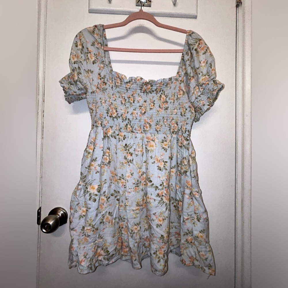 American Eagle Blue Pink Floral Smocked Summer Dress